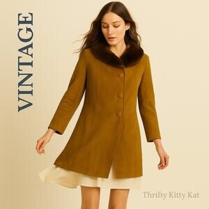 Vintage Suede Leather Fur-Trim Collar Button Front Swing Coat Mustard Ochre 8